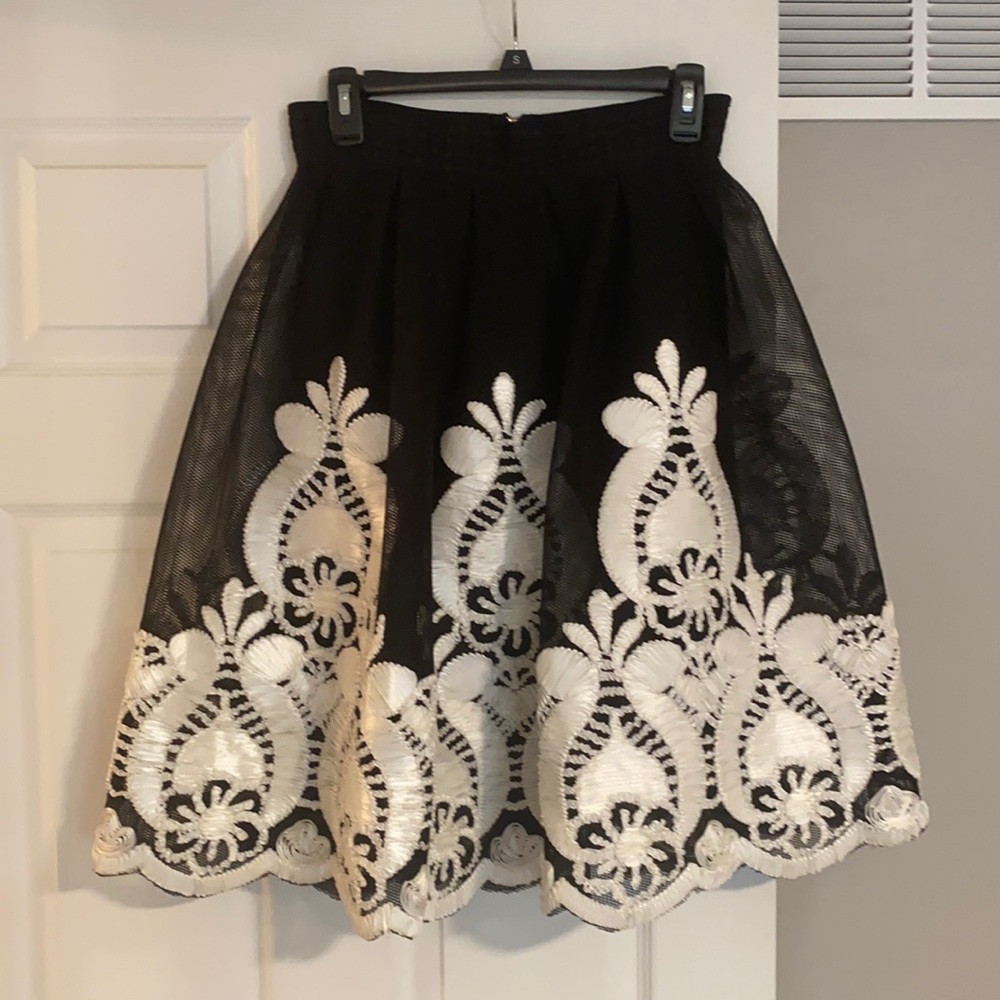 Black and White Embroidered Midi Circle Skirt